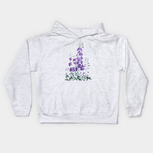 purple blue pink delphinium watercolor Kids Hoodie by colorandcolor